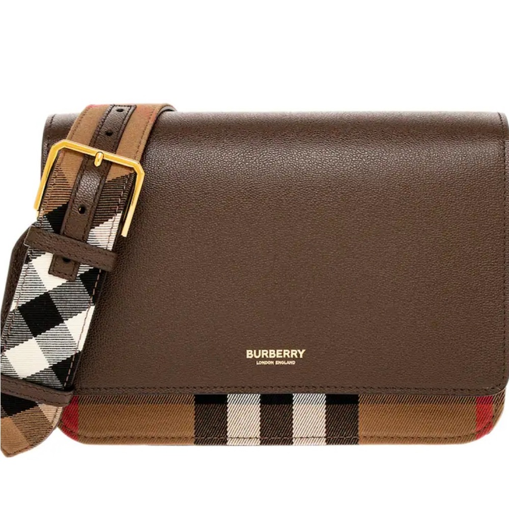 BURBERRY MACKFORD- Chocolate Brown Shoulder Bag with Check Strap